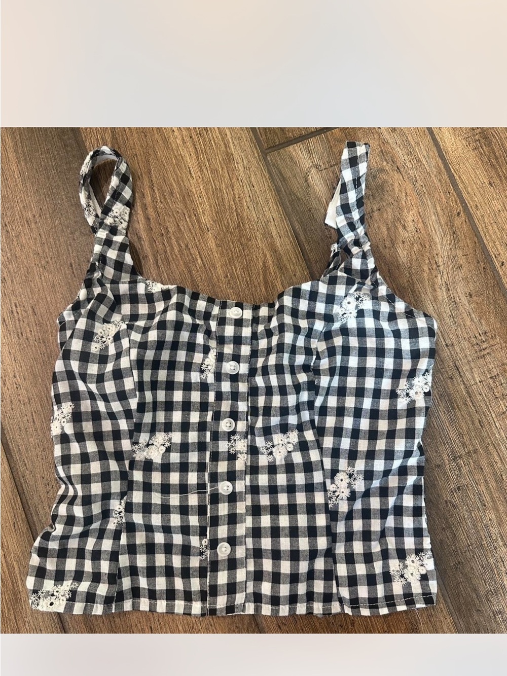 Lotus and Lavender Black & White Gingham Button-Front Top with smock back
